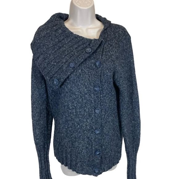 BCBGMaxazria speckled knit sweater cardigan blue fold over neck women’s Medium - Picture 1 of 7